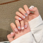 10pcs Handmade Press On Nails Light PInk Short Square Fake Nail Tips With 3D Fox Flower Bows Butterfly Designs Sweet False Nails